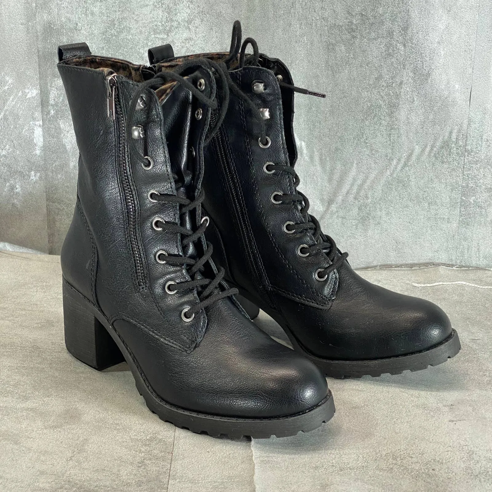 SUN STONE Women's Black Sloanie Block-Heel Lug Sole Side-Zip Hiker Boots SZ 8.5