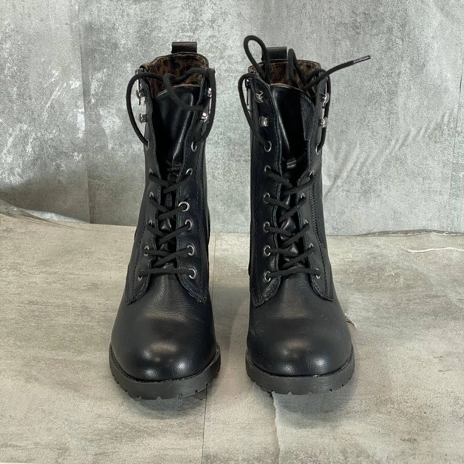 SUN STONE Women's Black Sloanie Block-Heel Lug Sole Side-Zip Hiker Boots SZ 8.5