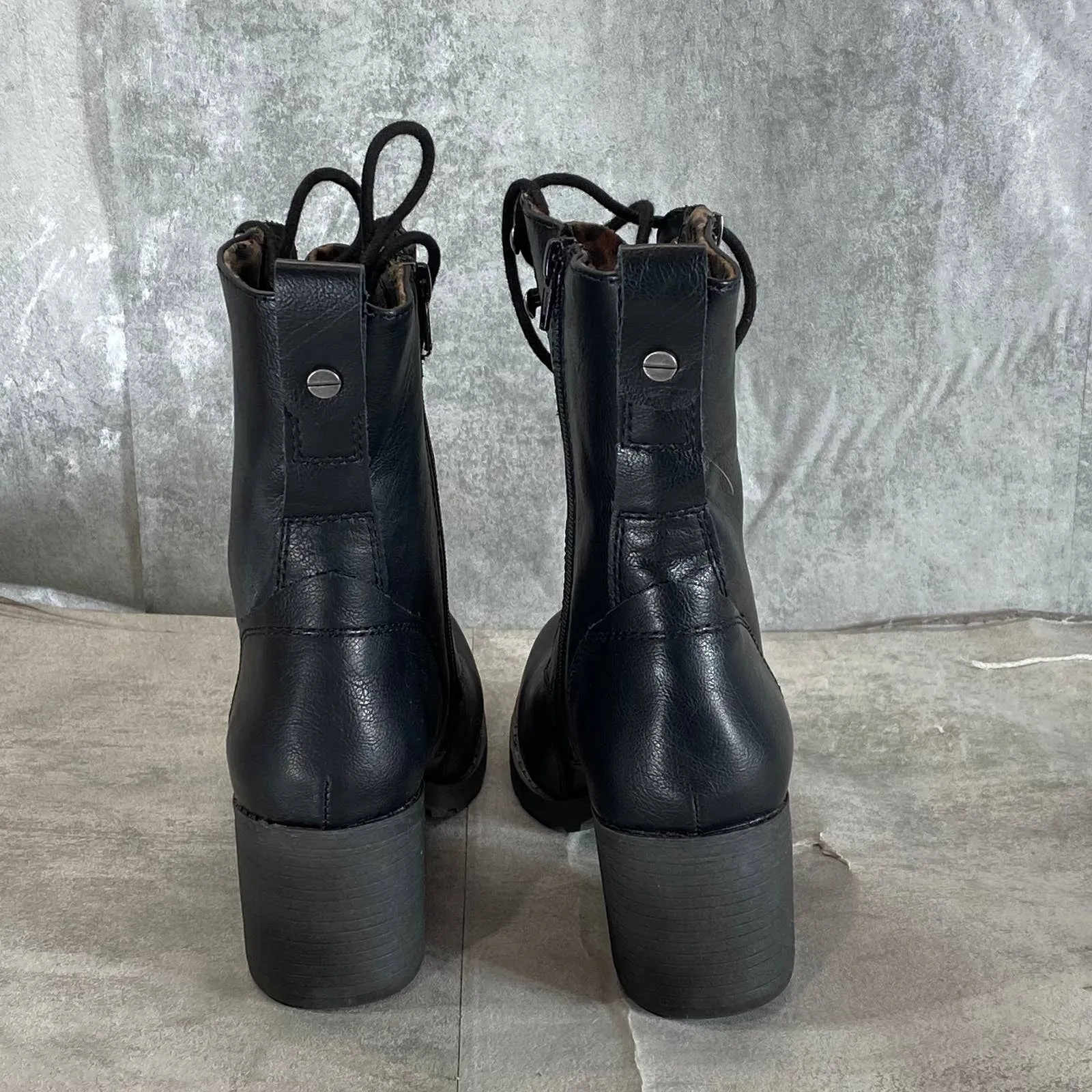 SUN STONE Women's Black Sloanie Block-Heel Lug Sole Side-Zip Hiker Boots SZ 8.5
