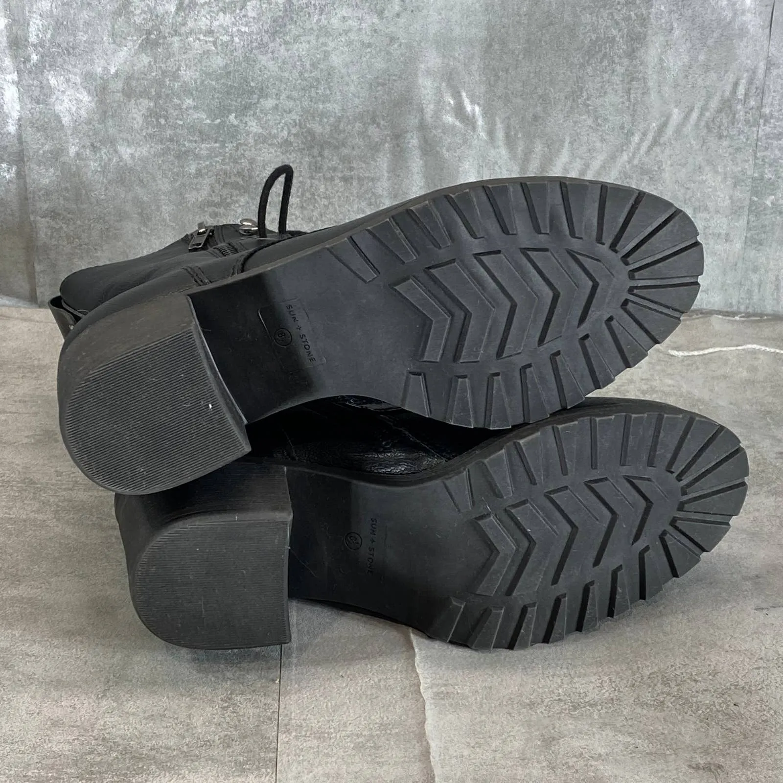 SUN STONE Women's Black Sloanie Block-Heel Lug Sole Side-Zip Hiker Boots SZ 8.5