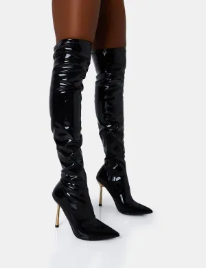 Zhenya Black Patent Pointed Toe Gold Contrast Stiletto Over The Knee Boots